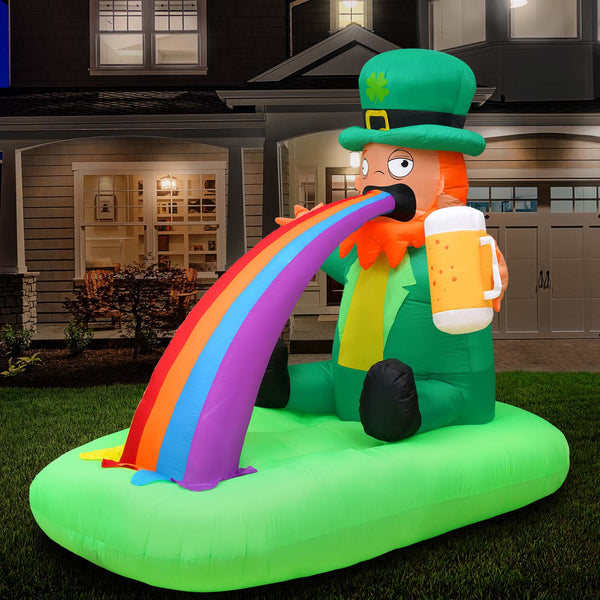 6ft Tall Saint Patrick's Day Puking Leprechaun Lawn Inflatable, Bright Lights, Built-in Fan, and Included Stakes and Ropes