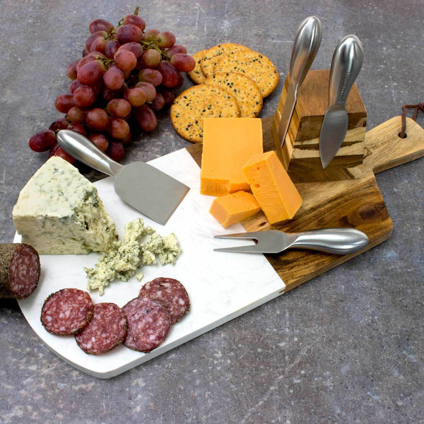 Marble and Acacia Wooden Serving Cheese Board, 6 Piece Charcuterie Set Includes Stainless Steel Cheese Tools, Serving Paddle, Wood Cheese Knife Holder with Integrated Magnets