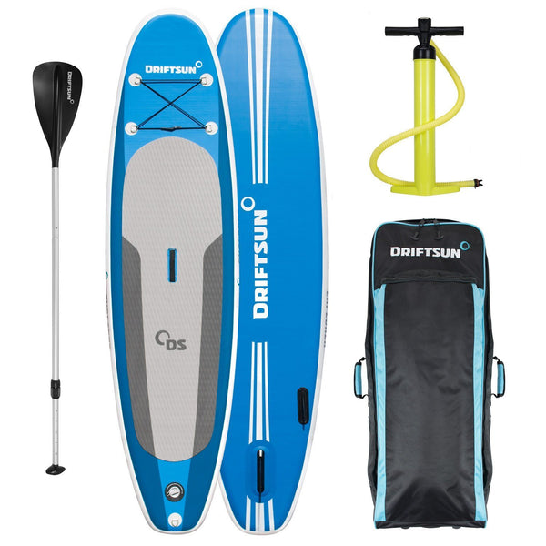 View of the Driftsun 10’ Explorer Inflatable Paddleboard - Deluxe Travel Bag with Backpack Straps and Rolling Wheels - Dual Action High Pressure / High Volume Pump - Lightweight /Collapsible Aluminum Paddle