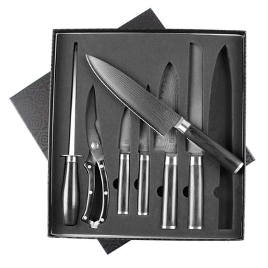 7 piece Damascus steel knife set in gift box