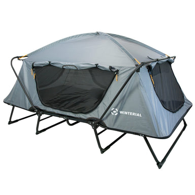2 person oversize tent cot in grey with mesh doors