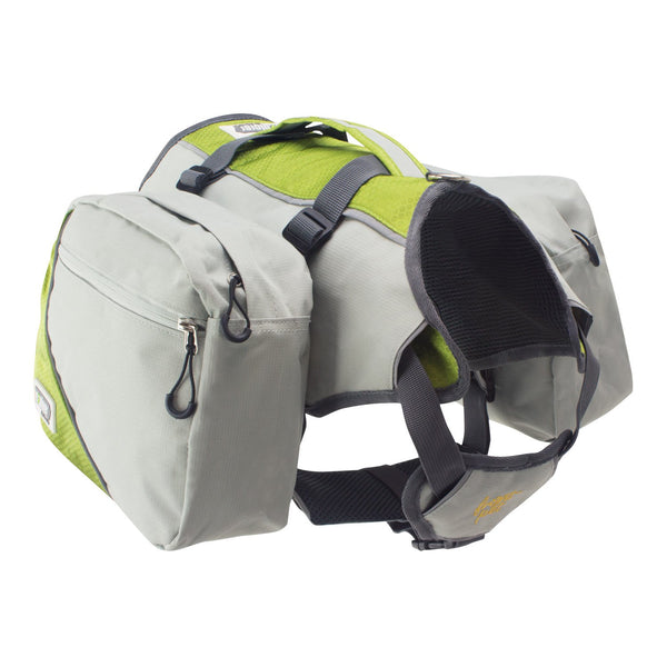 Angled view of dog harness backpack with saddle bags