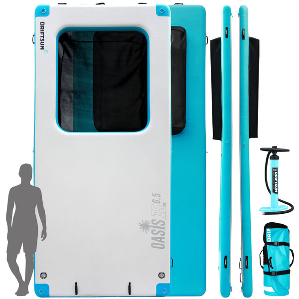 front back and side view of Driftsun Mesa Oasis Inflatable Floating Dock and Swim Deck Platform, 15ft x 6.5ft with pump