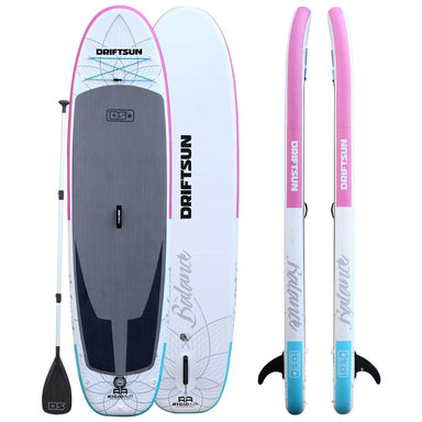 Driftsun 11” Balance Inflatable Pink Paddleboard front, back, and side view with paddle