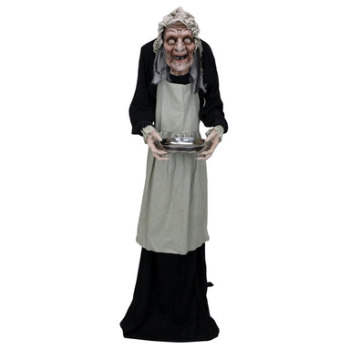 Halloween Animatronics Animated Old Lady with Candy Dish Prop facing front