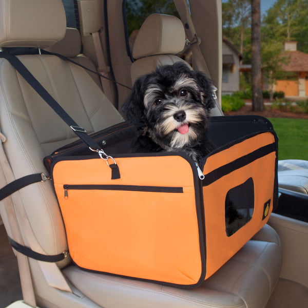 Side view of booster seat strapped in a car seat with a dog inside