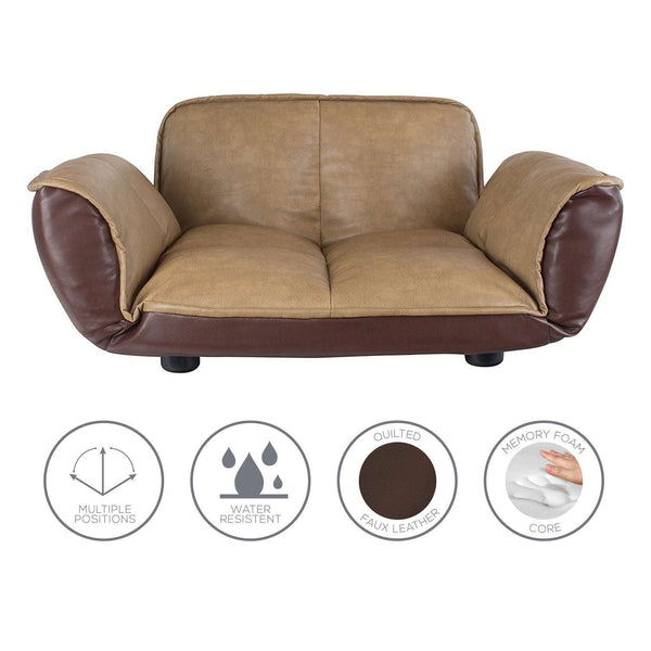 Front view reclining dog sofa with feature bubbles
