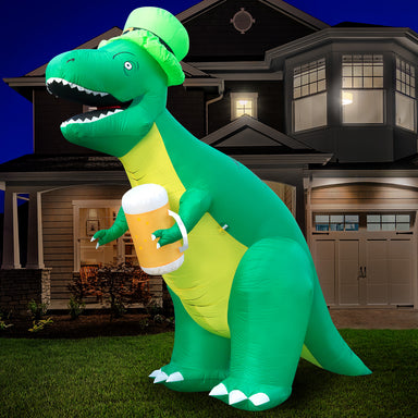8ft Tall Saint Patrick's Day Leprechaun T-Rex Lawn Inflatable, Bright Lights, Built-in Fan, and Included Stakes and Ropes
