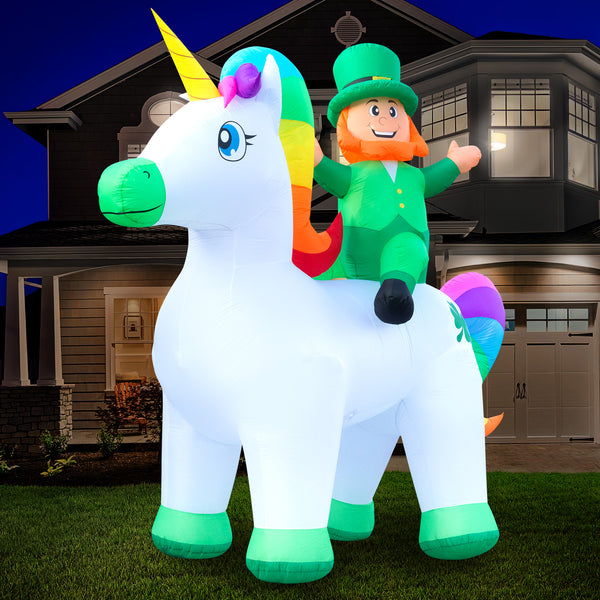 9ft Tall Saint Patrick's Day Leprechaun Riding Unicorn Lawn Inflatable, Bright Lights, Built-in Fan, and Included Stakes and Ropes