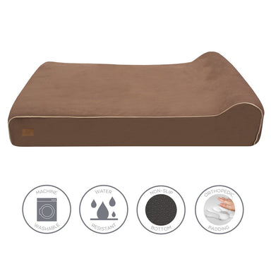Side view of memory foam dog bed with technical specifications