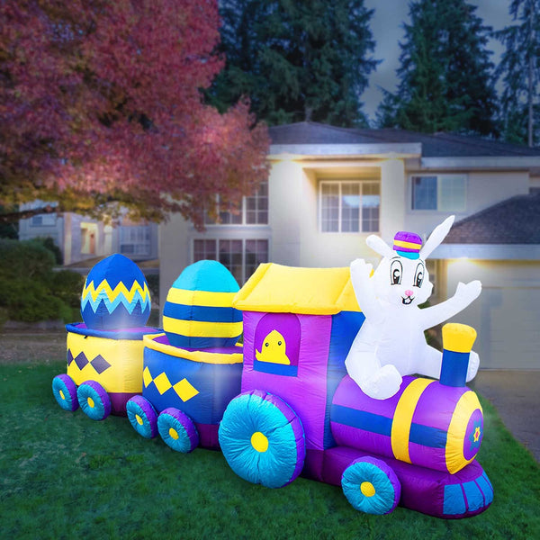 Inflatable Easter Bunny Train Decoration with Engine and 2 Cars with Built-In Fan and LED Lights