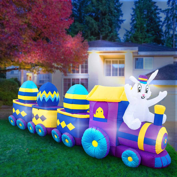 Inflatable Easter Bunny Train Decoration with Engine and 3 Cars with Built-In Fan and LED Lights