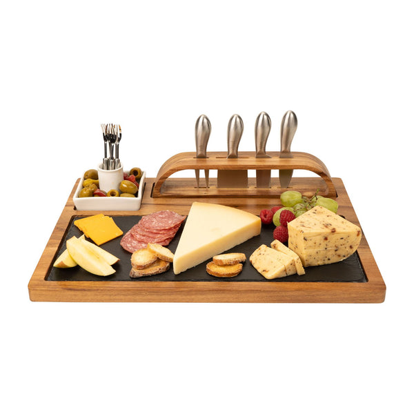 Slate Cheese Board, 12 Piece Charcuterie Set Includes 4 Stainless Steel Cheese Knives, Bigger Acacia Serving Tray with Slate Board, and Wood Tool Holder