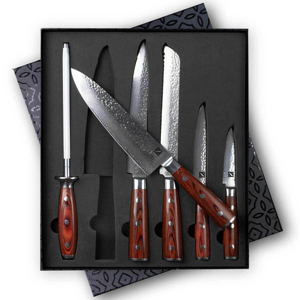 6 Piece Hammered Damascus Steel Knife Set with 16-Layer Steel Blade and Teak Handle