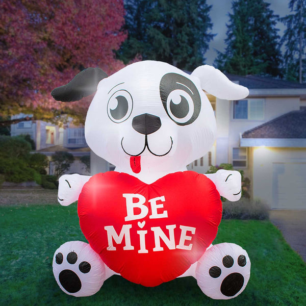 Inflatable Valentines Day Dog with Heart Decoration with Built-In Fan and LED Lights