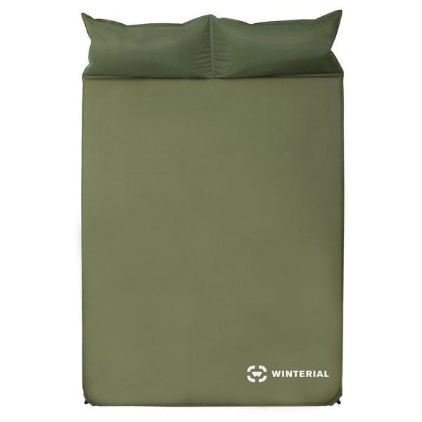 green double self inflating sleeping pad with pillows