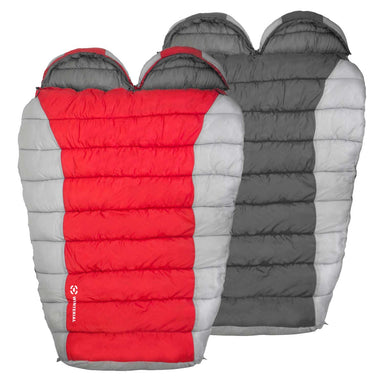 double mummy sleeping bags showing the 2 colors offered, red and grey