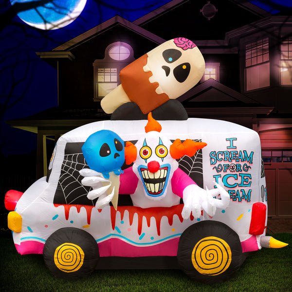 8 ft Inflatable Halloween Clown Ice Cream Truck Yard Decoration