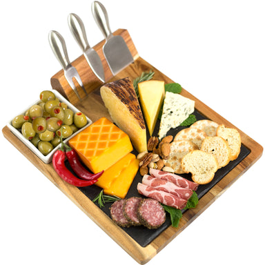 Zelancio Slate Cheese Board Set, 10 Piece Charcuterie Set Includes 4 Stainless Steel Cheese Tools, Premium Acacia Serving Tray with Slate Board, and Porcelain Olive Dish