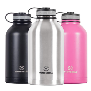 64oz insulated beer growlers in three colors, black, silver and pink