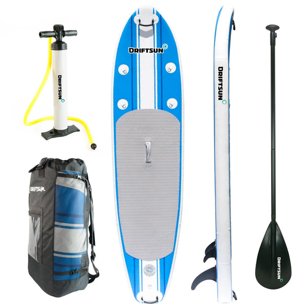 Complete  view set of Inflatable SUP 10' Stand Up Paddle Board Package.