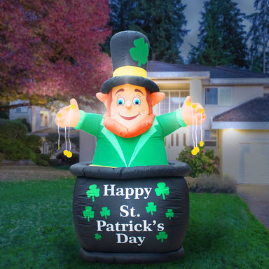 Inflatable Saint Patrick's Day Leprechaun in Pot of Gold Decoration with Built-In Fan and LED Lights
