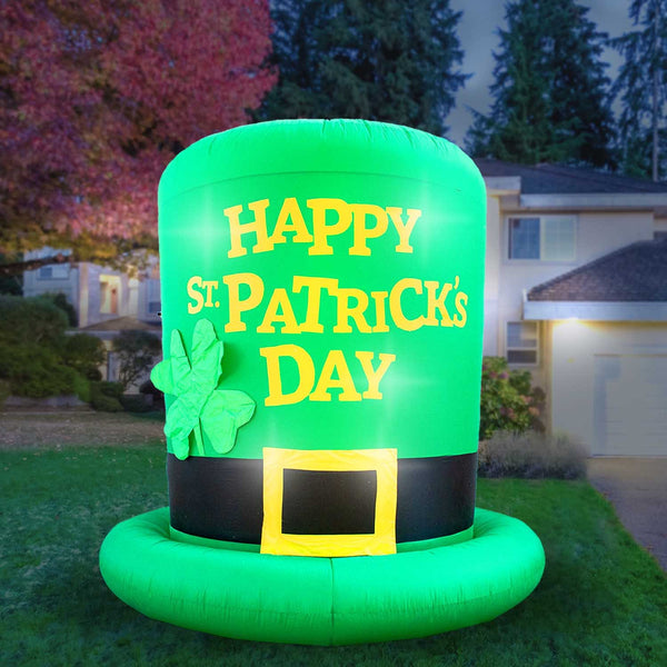 Inflatable St Patrick's Day Green Leprechaun Top Hat with Shamrock Decoration with Built-In Fan and LED Lights