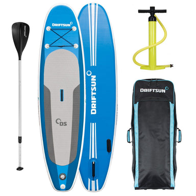 View of the Driftsun 10’ Explorer Inflatable Paddleboard  - Deluxe Travel Bag with Backpack Straps and Rolling Wheels  - Dual Action High Pressure / High Volume Pump  - Lightweight /Collapsible Aluminum Paddle