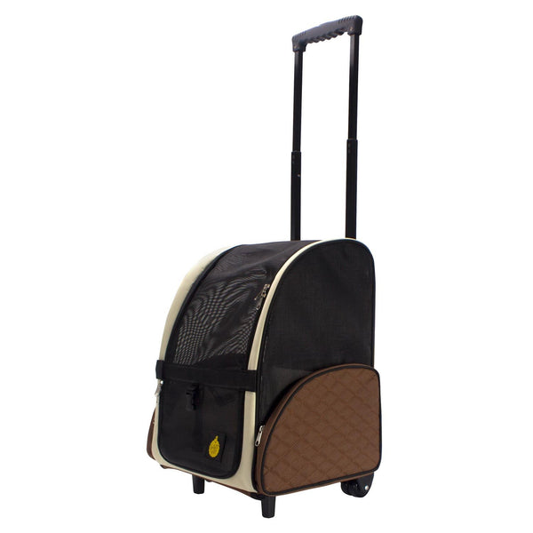 Angled view of rolling pet carrier with extended travel handle