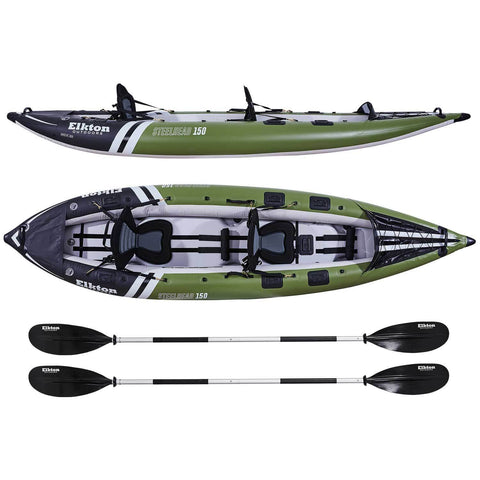 Side and top view of Elkton Outdoors Steelhead Fishing Kayak Two-Person with 2 paddles