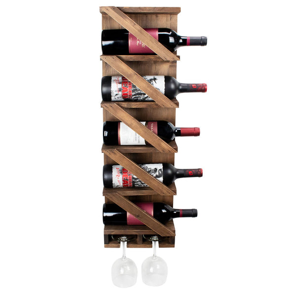 Rustic Wine Rack with Hanging Stemware Slots: Holds 5 bottles and 2 Glasses