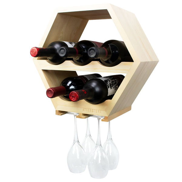 Honeycomb Wine Rack with Hanging Stemware Slots: Holds 5 Bottles and 4 Glasses