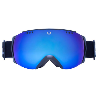snowboard goggles with black frames and blue lenses