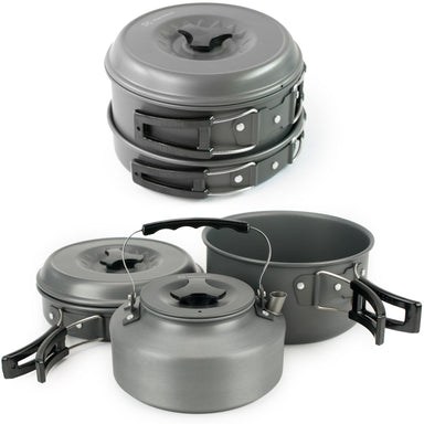 camping cookware showing 5 pieces of aluminum cookware