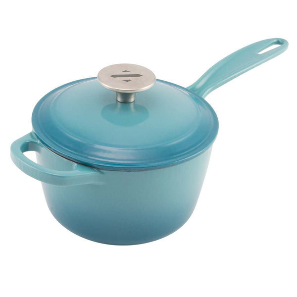 2 quart enamel sauce pot with lid and stainless steel knob from zelancio shown in teal color