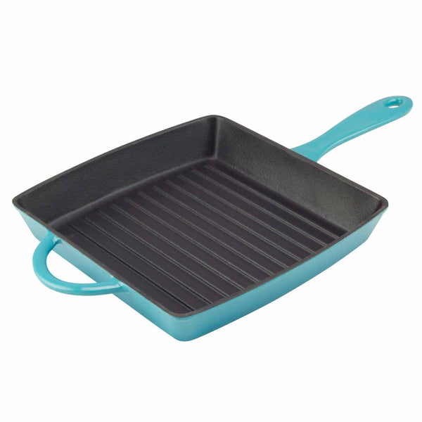 teal enamel grill pan with porcelain interior