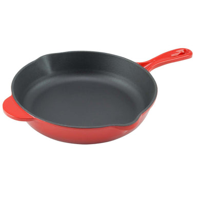 vibrant red cast iron skillet with enamel exterior