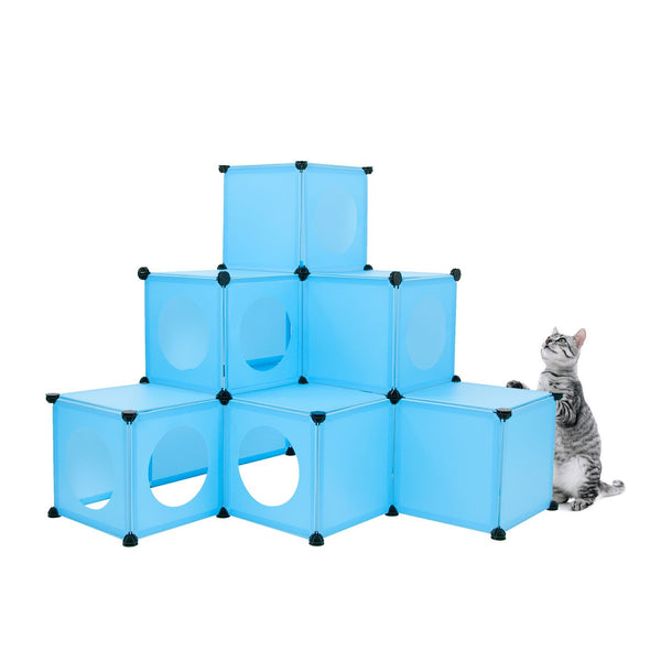 Blue DIY cat house pyramid design with cat
