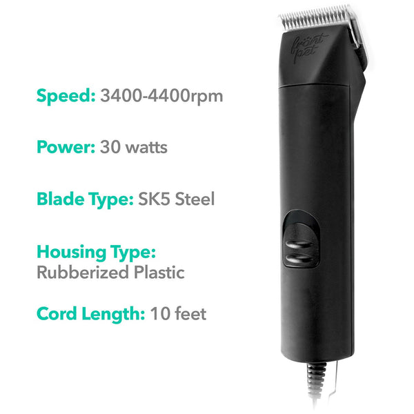 Dog clipper front view with technical specifications