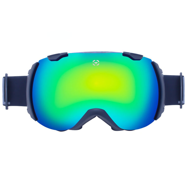 snowboard goggles with black frames and blue lenses