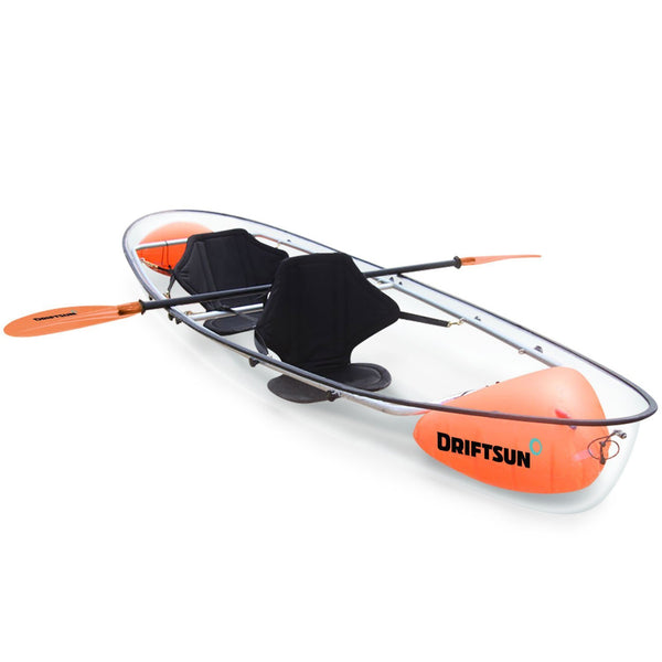 Driftsun Crystal Clear Transparent Kayak with Orange Paddles and See Though Hull